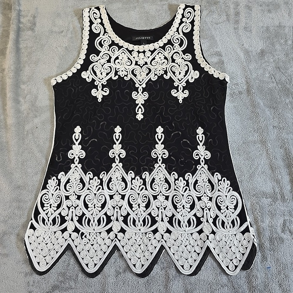 Juliette Top Womens Large Black/White Soutache Embroidered Scalloped Hem Casual